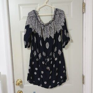 Blue Island swimsuit coverup dress L navy print tie waist boho beach hippie